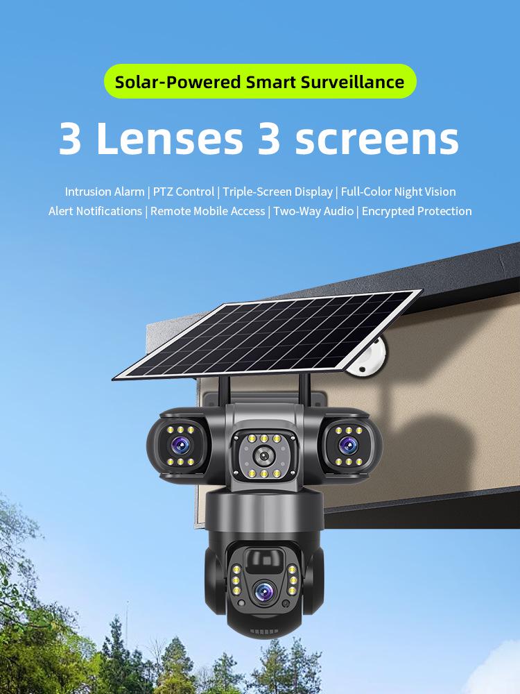 4G Three-Lens Solar Surveillance Camera with Triple-Screen View