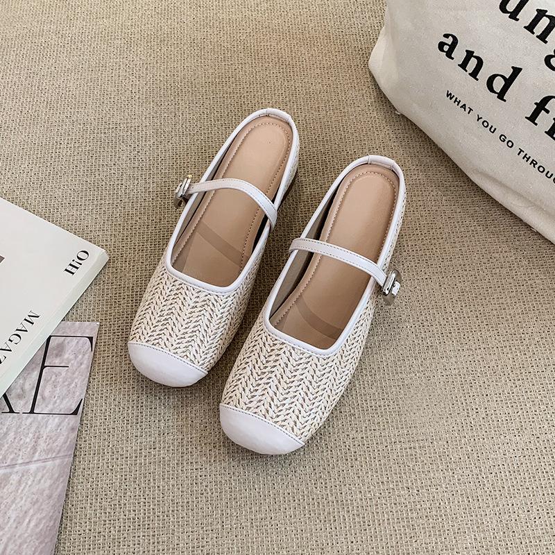 

Summer new product inner height increase slippers women s straw woven square head cool slippers lazy bag head half drag small leather shoes 33 абрикосовий