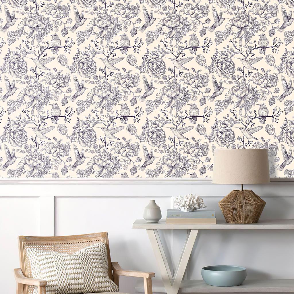 Floral And Birds Vinyl Line Wallpaper Chic Peel And Stick Blue Flower Wall Stickers Classic Self Adhesive Wall Contact Paper