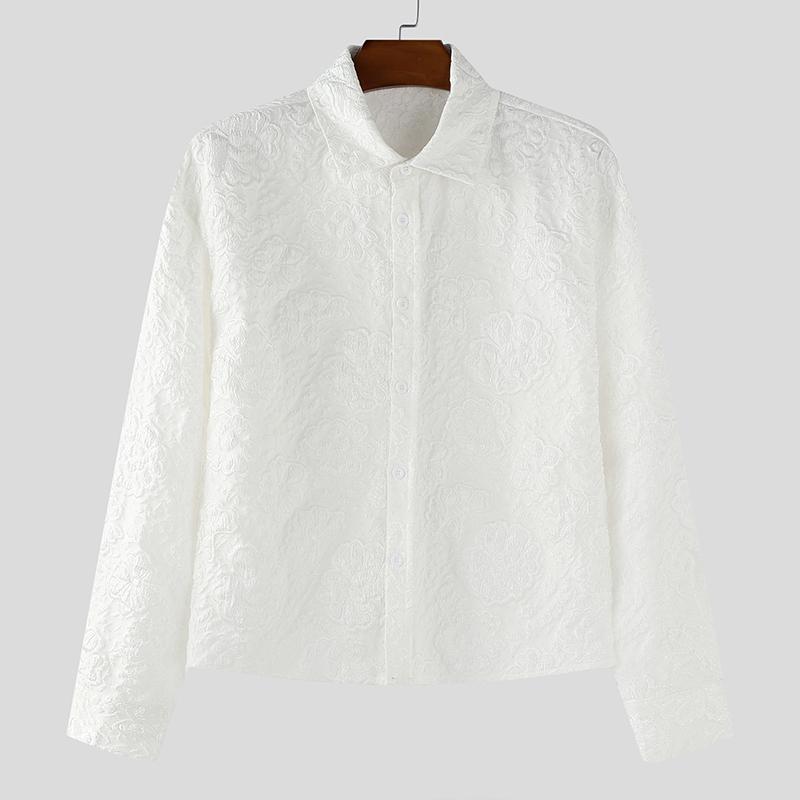 

INCERUN Oversized Men Lapel Neck Long Sleeve Texture Floral Casual Loose Shirts S