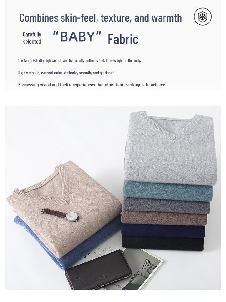 Men's 100% Wool V-Neck Sweater - Solid Color, Loose Fit, Long Sleeve Knitwear