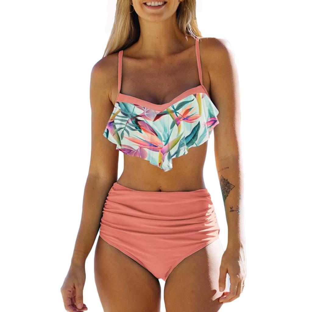 Women's Ruffle Hanging Neck  Sexy Split High Waist Bikini Swimsuit