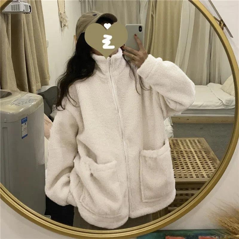 

Autumn and Winter Korean Version Loose Velvet Thickened Wind Letter Embroidered Zipper Jacket Women M