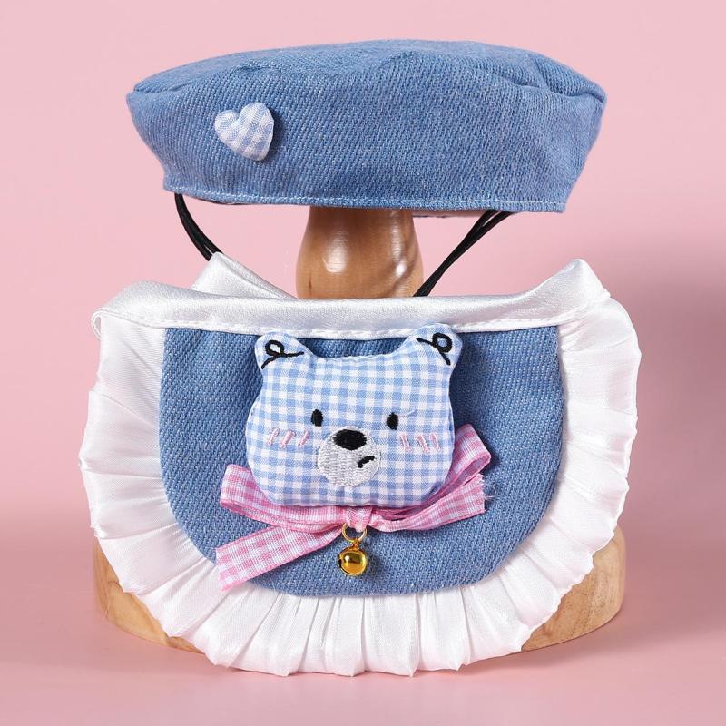 1/2Pcs Cartoon Plaid Cowboy Teddy Bear Rabbit Pet Beret Bib Lace Bow Pet Decoration Set Cats Dogs Pet Clothing Accessories