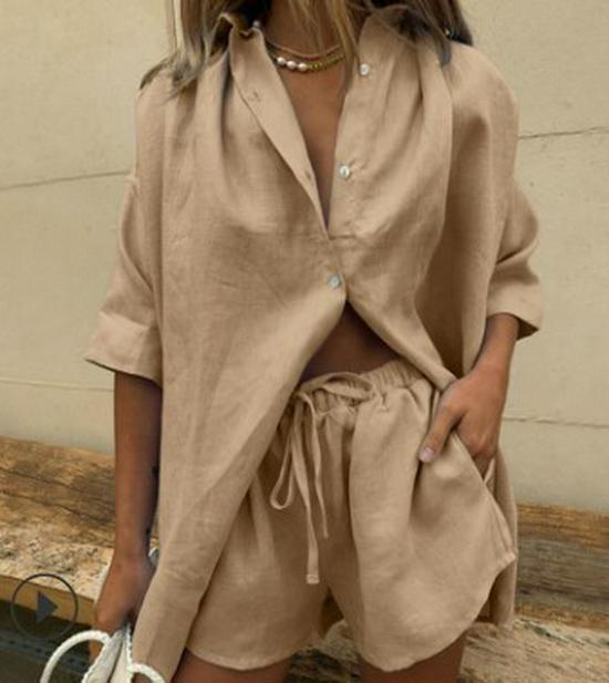 Summer Women's Solid Color Two-Piece Set: Short-Sleeved Shirt with Wide-Leg Pants or Tie-Waist Shorts