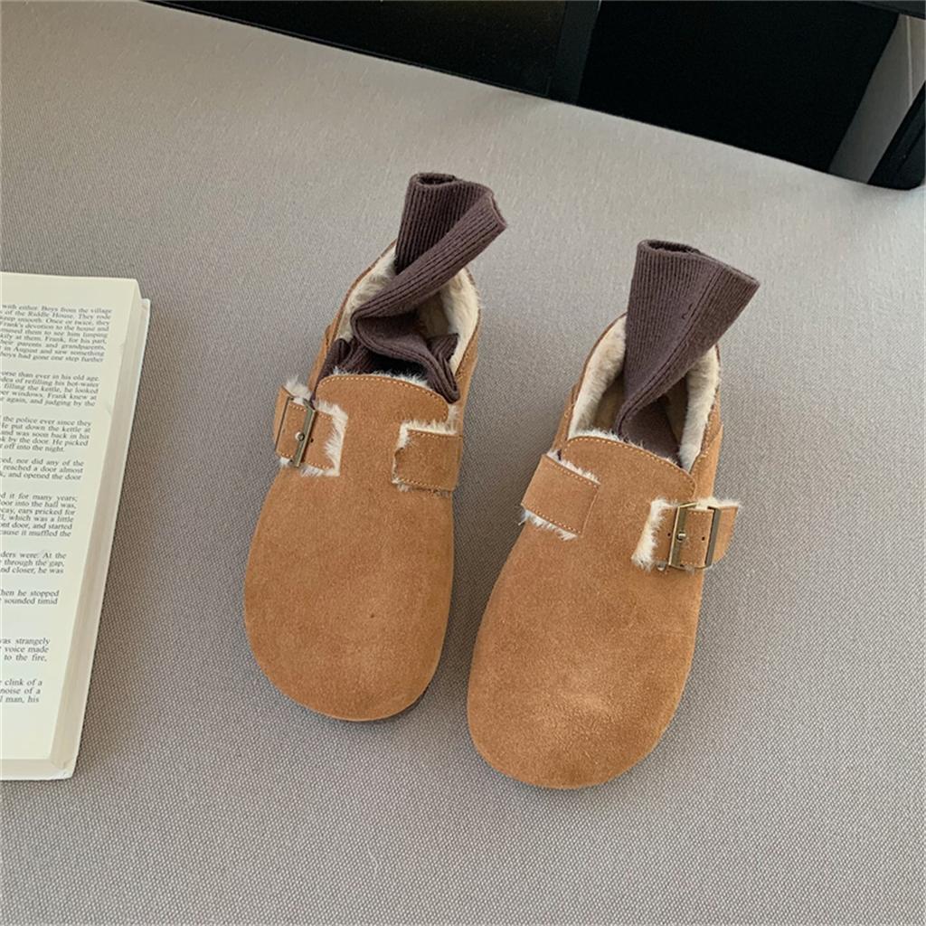 Grape mother winter velvet warm thick-soled big-headed shoes integrated leather single shoes one pedal fluffy shoes women's Boken shoes