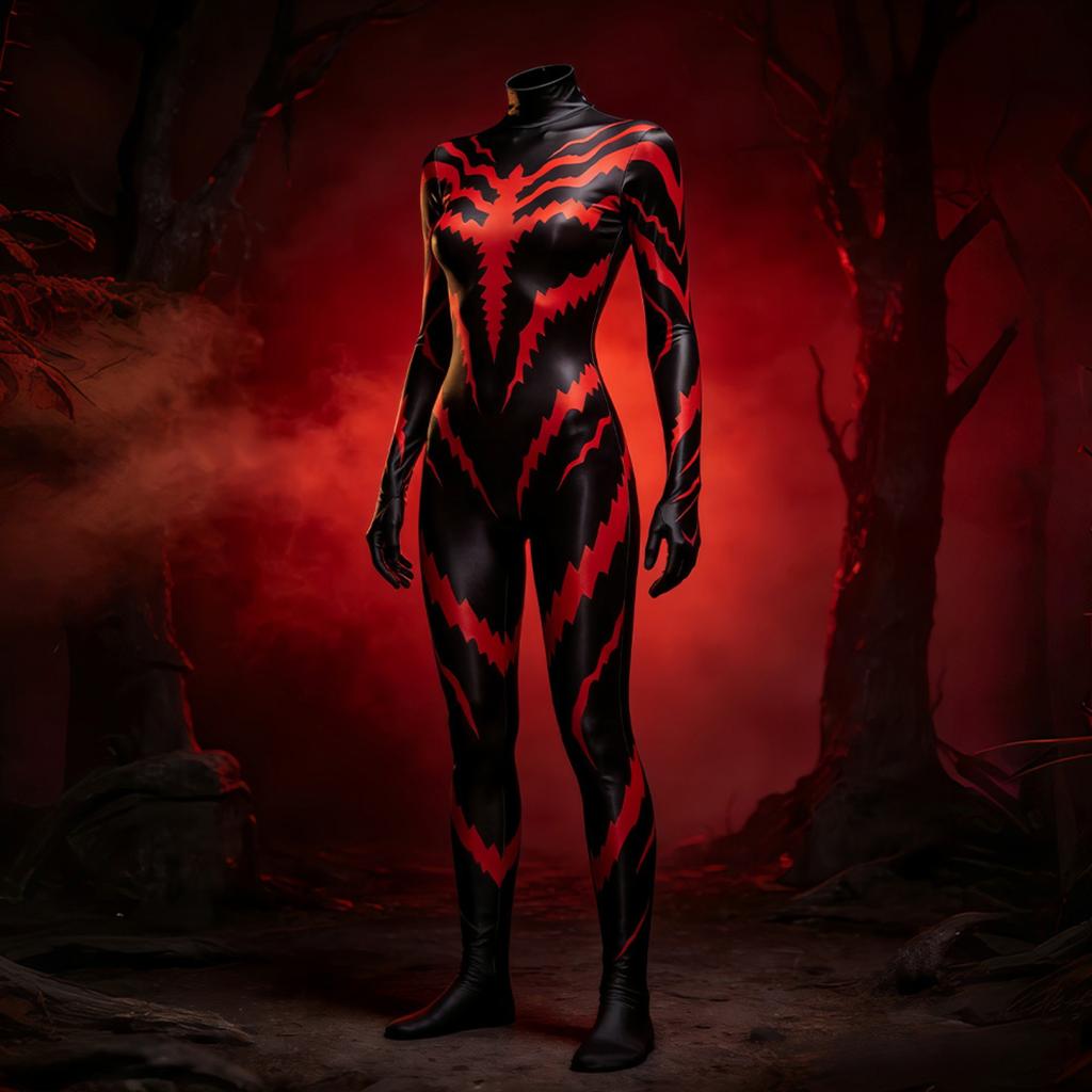 Felnőtt Rémisztő Body Halloween Party Jelmez Fekete Piros Magas Sztreccs Nyomtatott