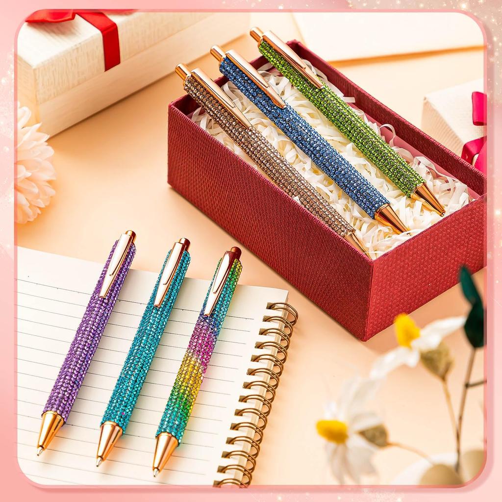 Bling Pens for Women, 4Pcs Colorful Rhinestone Pen and 8Pcs Black Ink Retractable Refills for Girl (0.7mm)