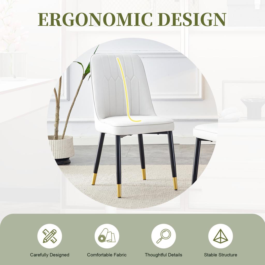 Juego de 2 sillas de comedor modernas blancas con tapicería de respaldo de cuero PU y patas de metal negro, adecuadas para comedor, cocina y dormitorio.