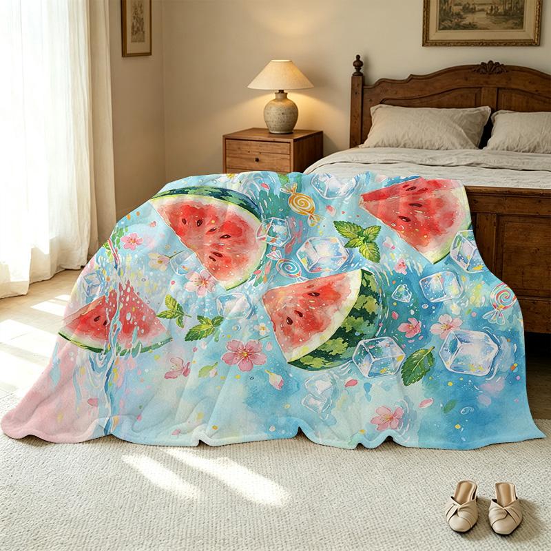 Watermelon Series Flannel Blanket Breathable Skin-Friendly Soft Cozy Throw, Fresh Summer Vibe Warm Home Blanket for Daily Leisure