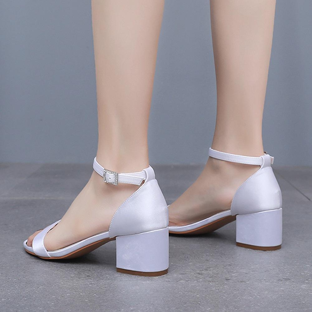 KH cm square heel Korean spring bride ivory silk satin light mouth buckle white sandals women
