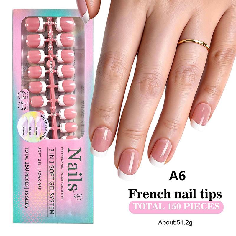 150Pcs/Boxed French Gel Tips Press On Nails Almond Nails 15 Sizes Pre-Applied Fake Nails For Manicure Extension