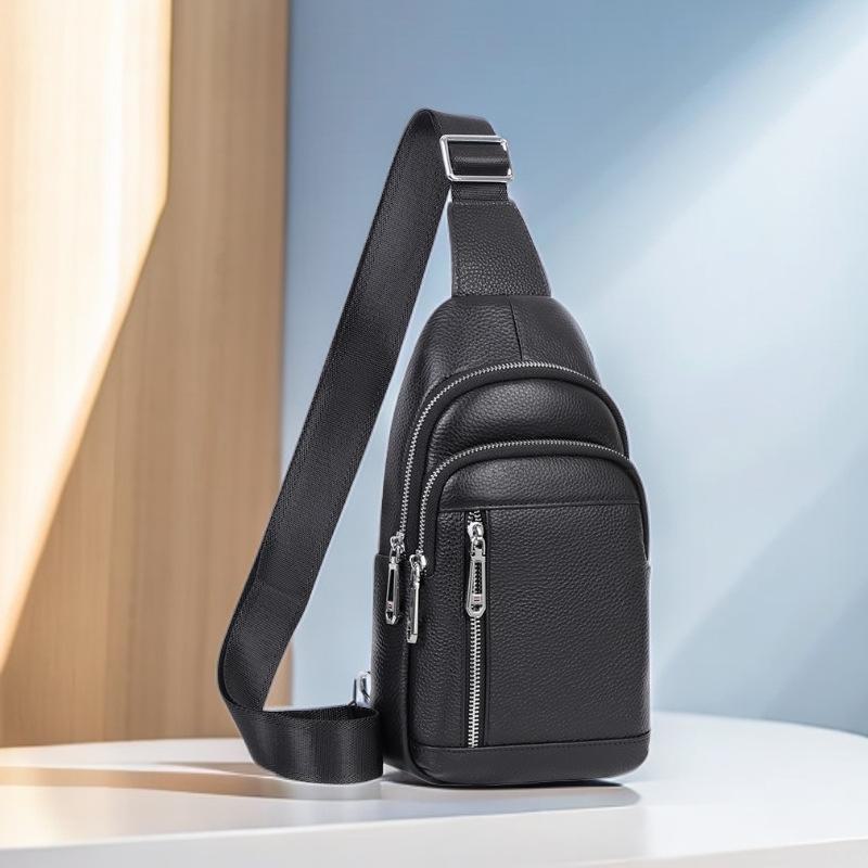 

Мужская сумка на грудь и плечо из натуральной кожи - верхний слой из коровьей кожи, простой модный небольшой рюкзак-мессенджер 1 чёрный