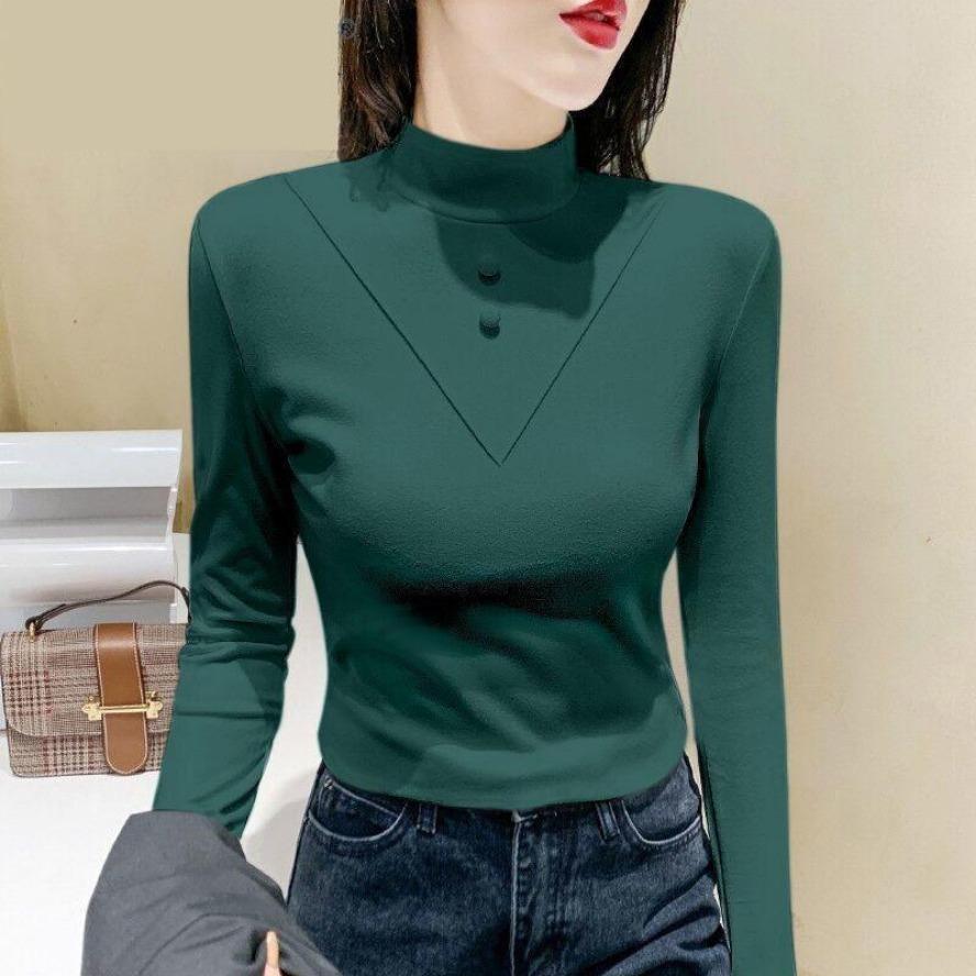 YYFS Damenmode Casual Frühling Herbst Einfarbig Druck Langarm Halb Rollkragen Blusen & Hemden