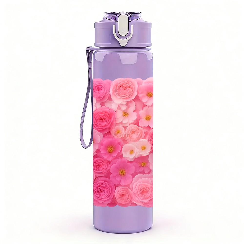 1PC Pink Chrysanthemum Full Bloom Print 750ml Color Plastic Sports Water Bottle Leakproof Flip Straw Lid Suitable for Sports Office Home Use