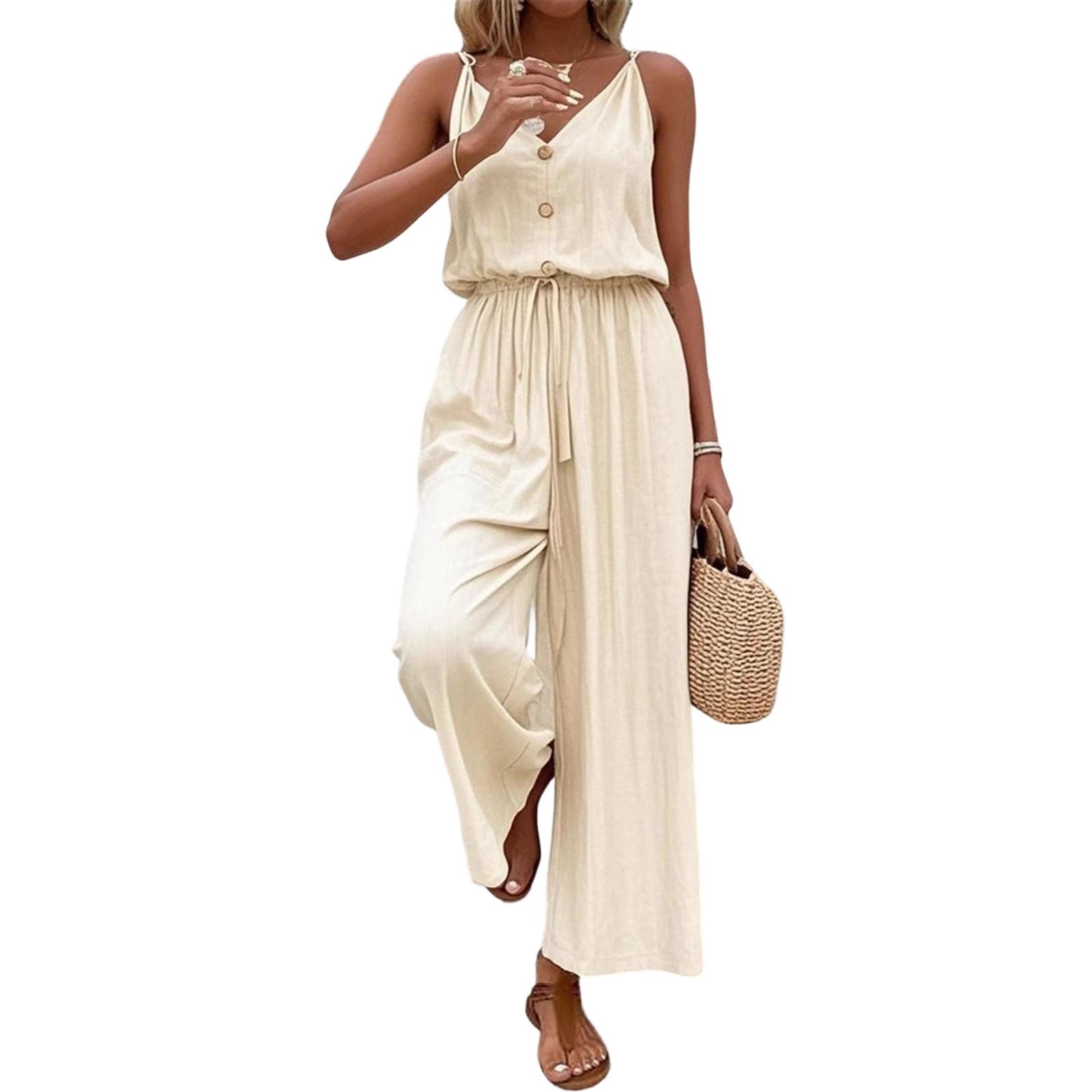 

Stylish -Color Button-Front Wide-Leg Jumpsuit With Elastic Waist L бежевый