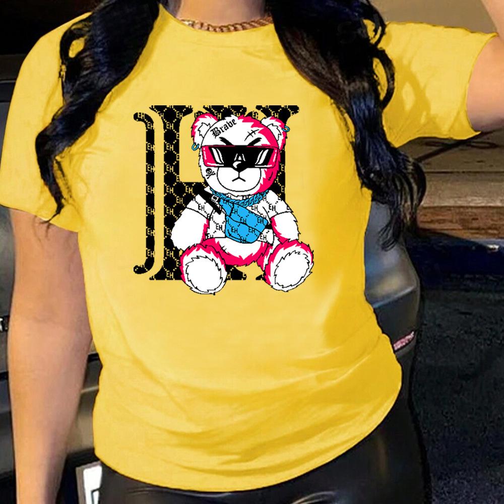 Cartoon Bear Cotton T-Shirt Short Sleeve Round Neck Women 2d Print Tops