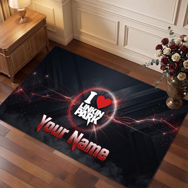 Linkin Park Personalized Crystal Velvet Carpet, Customized Name Text Soft Anti‑Slip Rug for Living Room Bedroom