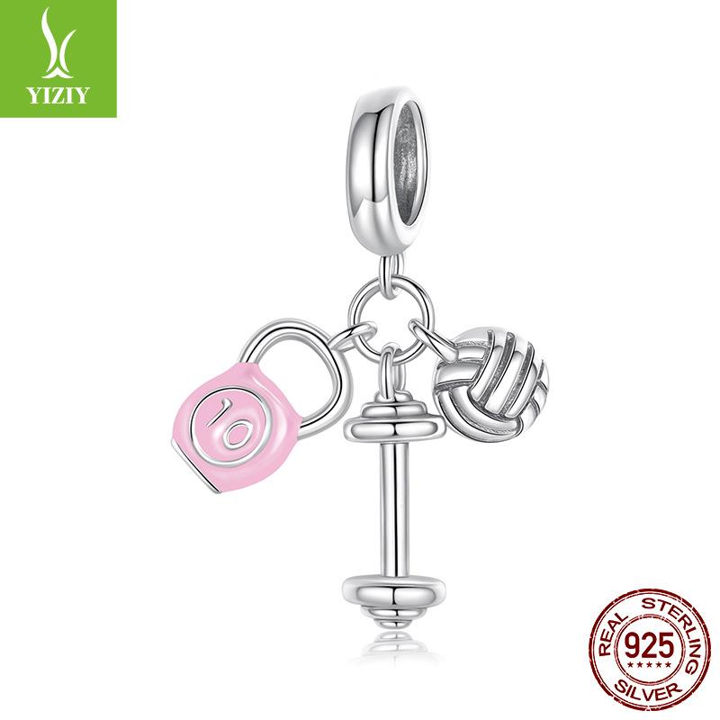 Pink Kettlebell Volleyball Dumbbell Pendant Accessories Sweet Sports Wind S925 Sterling Silver Beaded