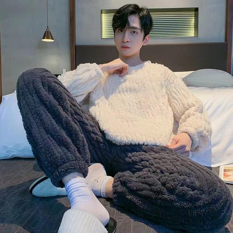 Verdickter warmer Flanell Herren Pyjama Rundhals Herbst und Winter Jung Große Größe Homewear Einfarbig Gestreift Nachtwäsche Loungewear