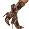 New Style Design Pointed Toe Thin High Heels Women Knee-High Boots Leopard Print Shoes Zipper Long Booties Zapatos Mujer