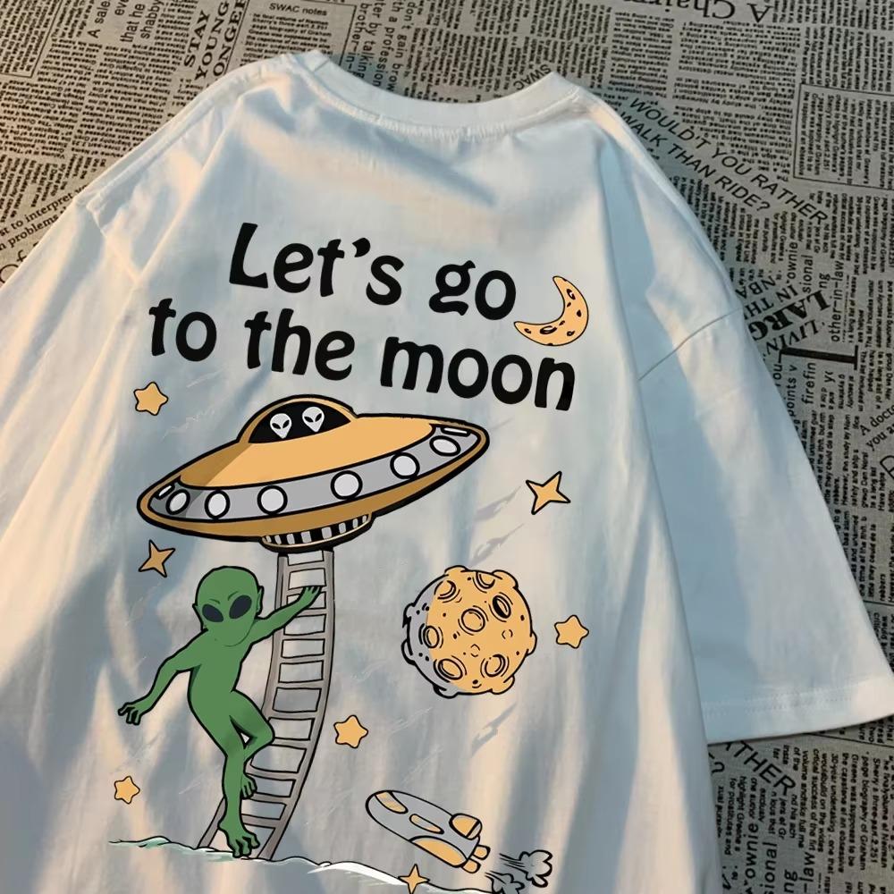 Let's Go To The Moon Alien Ufo Herren T-Shirt Baumwolle Locker Tops Locker Rundhals T-Shirts Lässig Atmungsaktives T-Shirt Partnerkleidung