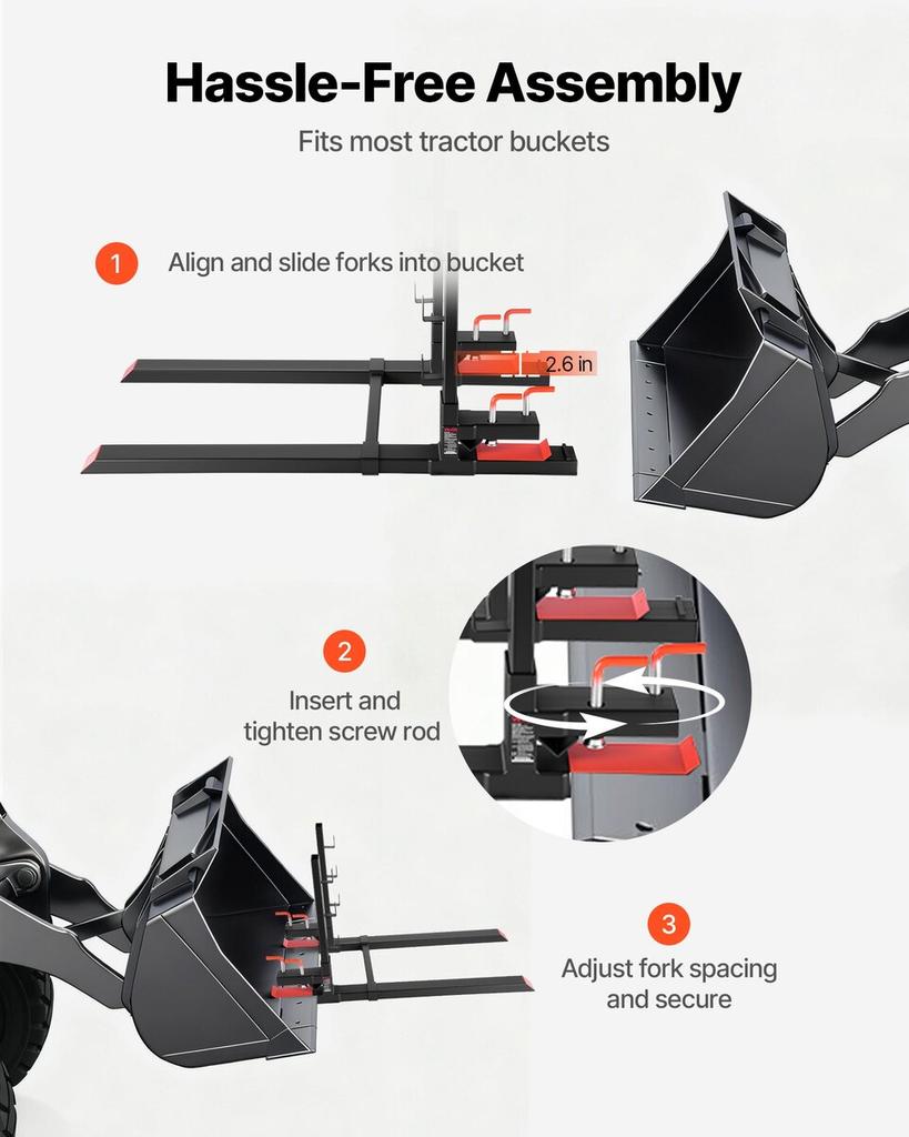 Pallet Forks, 1814 Kg Clamp On Pallet Forks, 149 Cm Total Length Heavy-Duty Tractor Fork with Anti-Tilt Bar & Adjustable Stabilizer Bar, Fit for