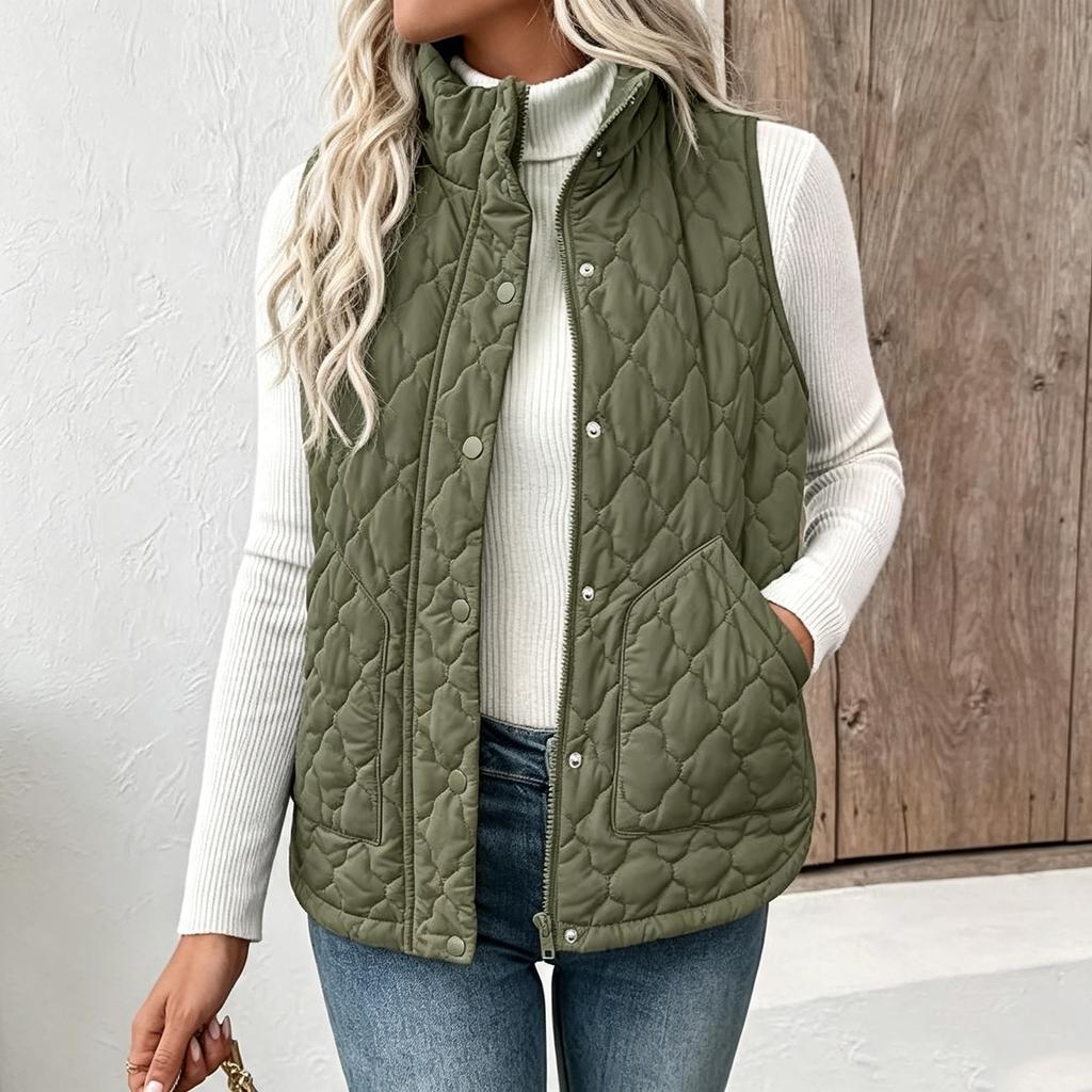 Women's Fashion Quilted Sleeveless Short Vest with Stand Collar Buttons and Zipper