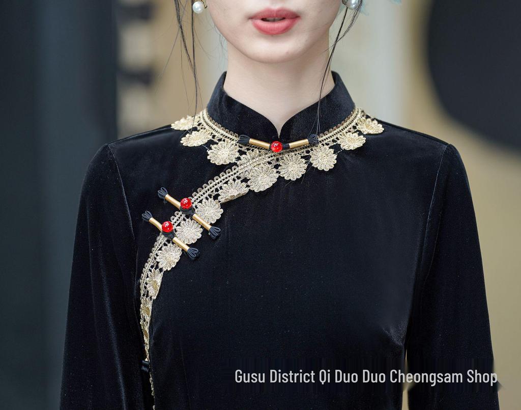 2025 Spring Black & Gold Velvet Retro Cheongsam Dress