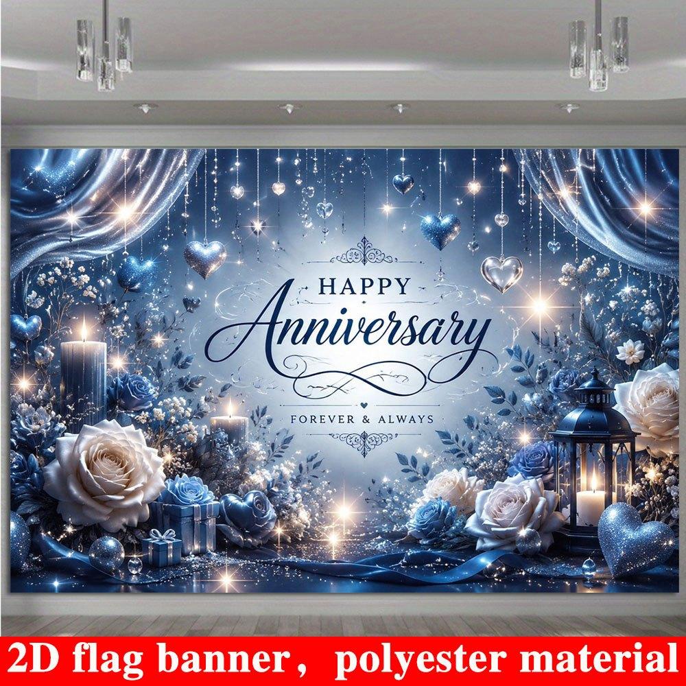 2D Flat Banner, Wedding Backdrop, Blue and White Roses, Heart Ornaments, Candle Lanterns