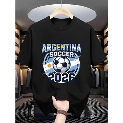 European Sizes Men's Football T-Shirt - Themed Print Short Sleeve Round Neck Top, Soft Breathable Jersey Suitable for Fans