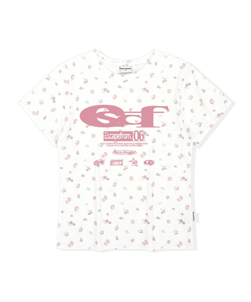 ESCAPEFROM Escf Logo Collage And Vintage Strawberry Full Print Slim Fit Short Sleeve T-Shirt Ivory