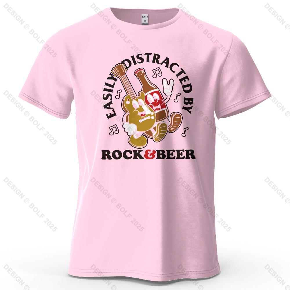 Rock And Beer Easy Distraction Print Loose Retro Meme Pattern Tshirt For Women Round Neck Tshirt Personalized Streetwear
