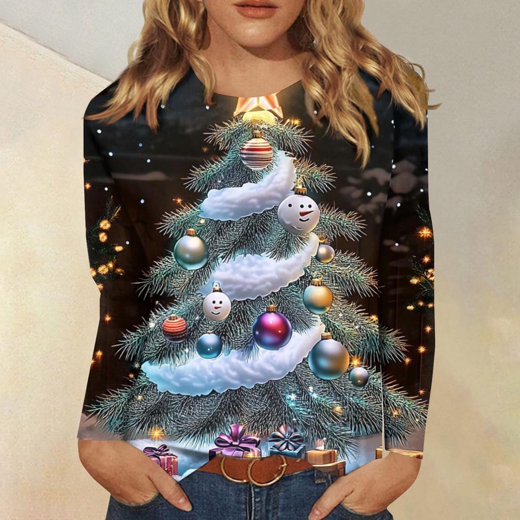 Damenmode, lässig, langärmelig, weihnachtlich bedruckt, Rundhals-T-Shirt