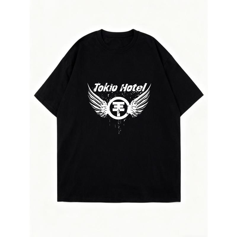Oversized T Shirt Black Tokio Hotel Logo With Wings And Text Music Band Fanwear For Casual Wear