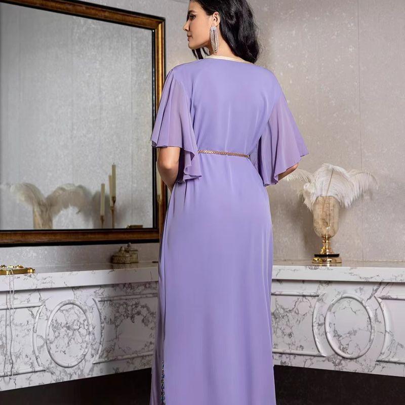 New Arrival Middle East Lilac Purple Horn Cuff Hand Sewing Drill Dress V-Neck Flared Sleeve Dress