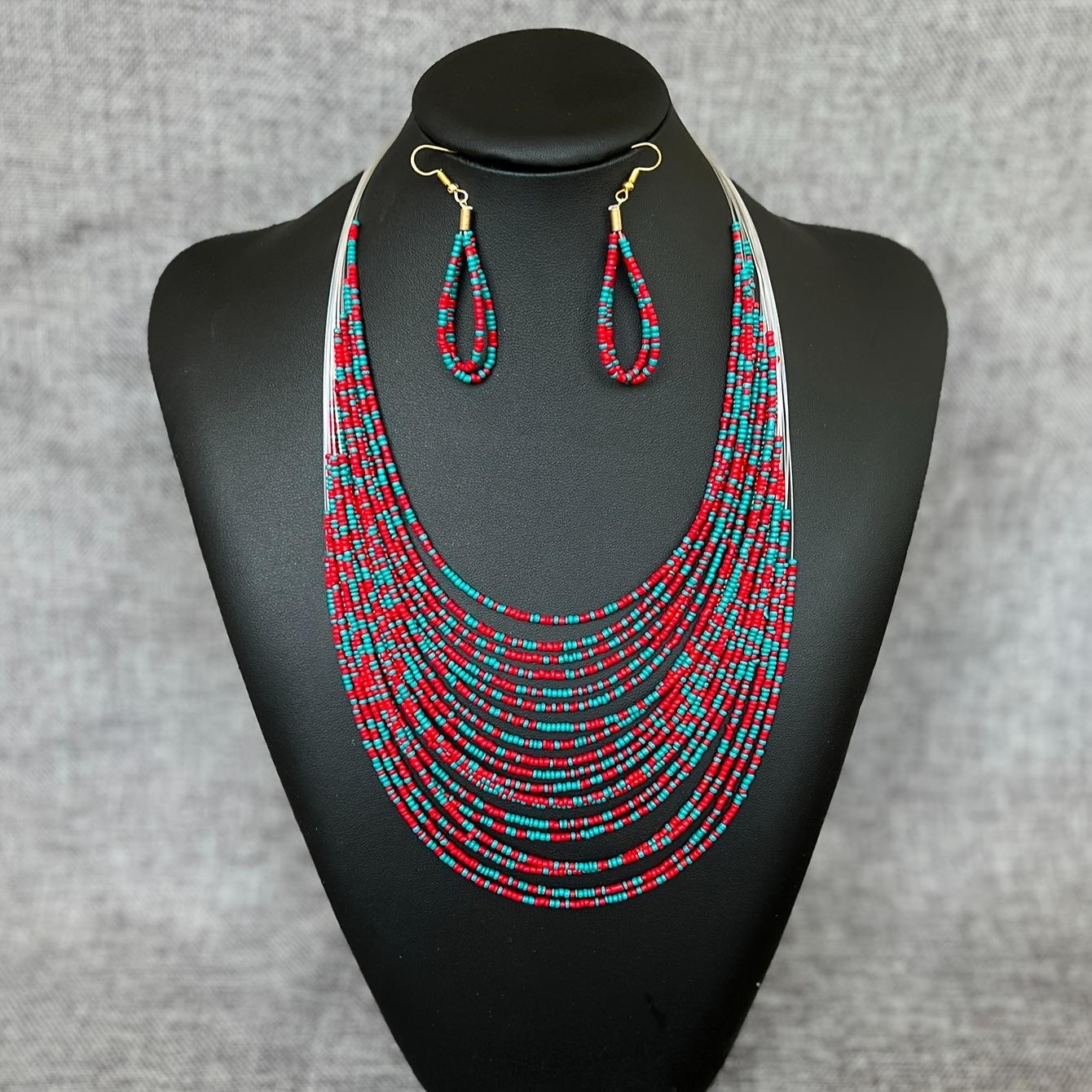 Богемный Этнический Стиль Многослойный Рождественский Набор Ожерелье и Серьги из Цветных Рисовых Бусин