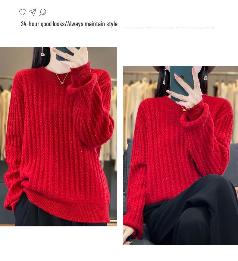 2024 A/W Women's Thick Wool Knit Sweater - Round Neck, Long Sleeve, Bright Silk, Loose Fit