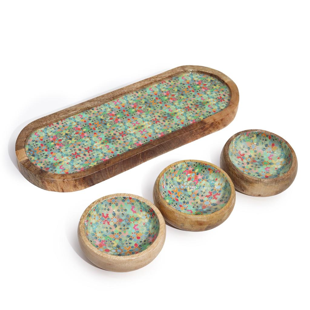 Serving Tray With 3 Ceramic Bowls, Mango Wood
