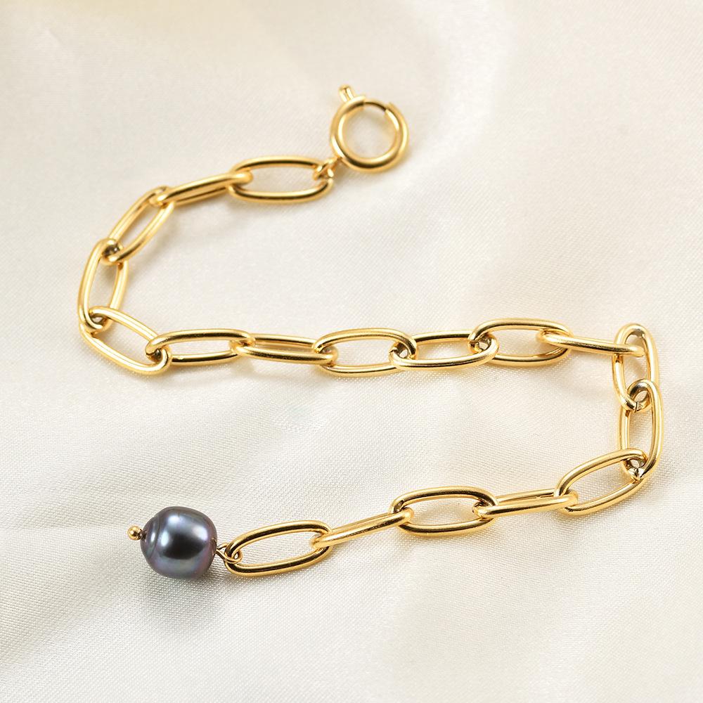 18K Gold Black Pearl Cross Chain Bracelet: Retro Punk Style