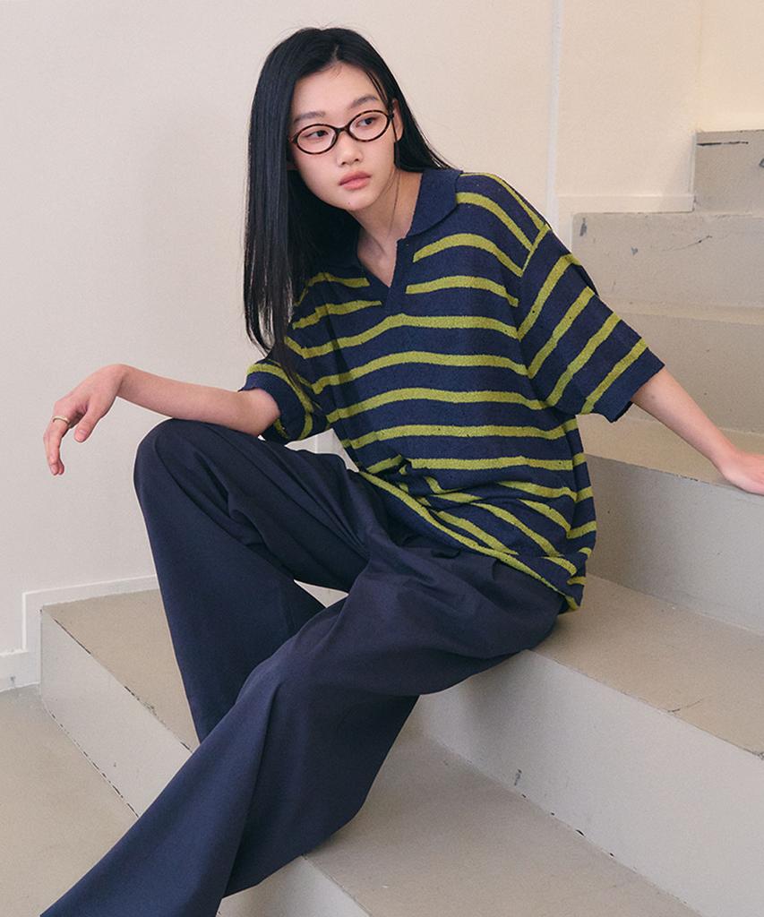 GENERALIDEA Unisex One-Button Collar Striped Half Knit [3Col] / Gf2Ukp021