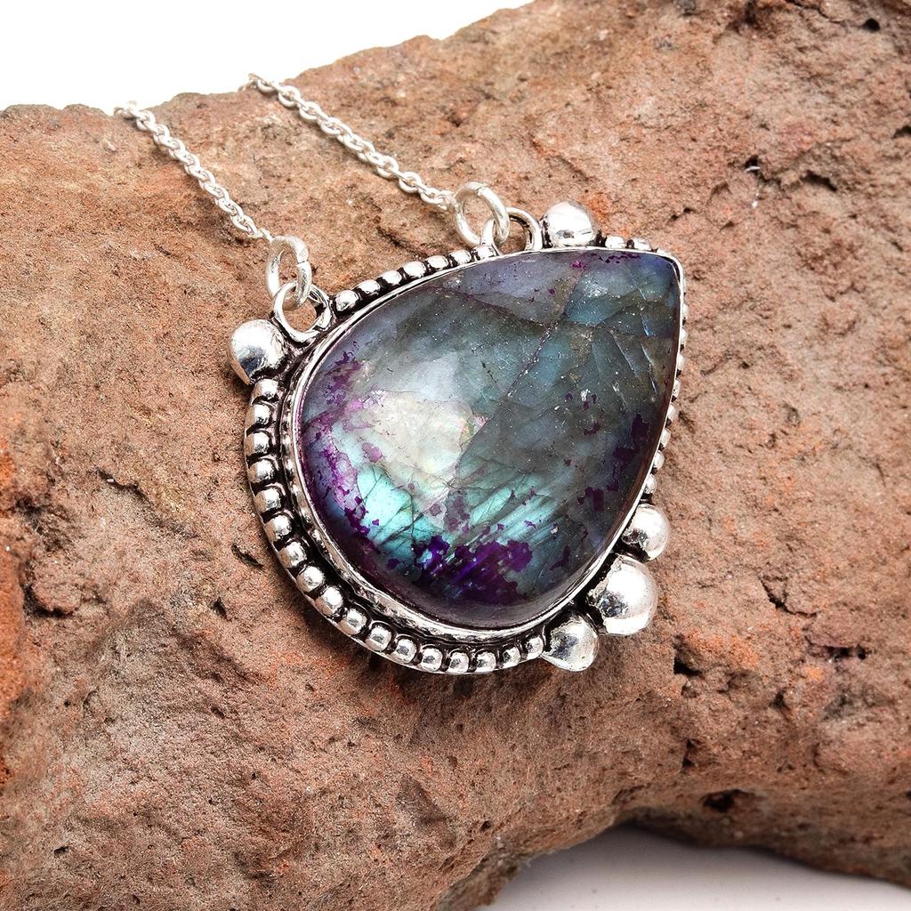 Pendant Silver  Peridot Labradorite Gemstone Jewelry Sterling 2.5" Fiery