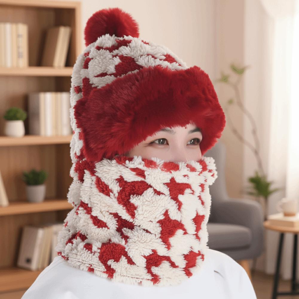 Houndstooth Pattern Plush Ski Mask Scarf Hat Breathable Neck Cover Face Cap  Camping