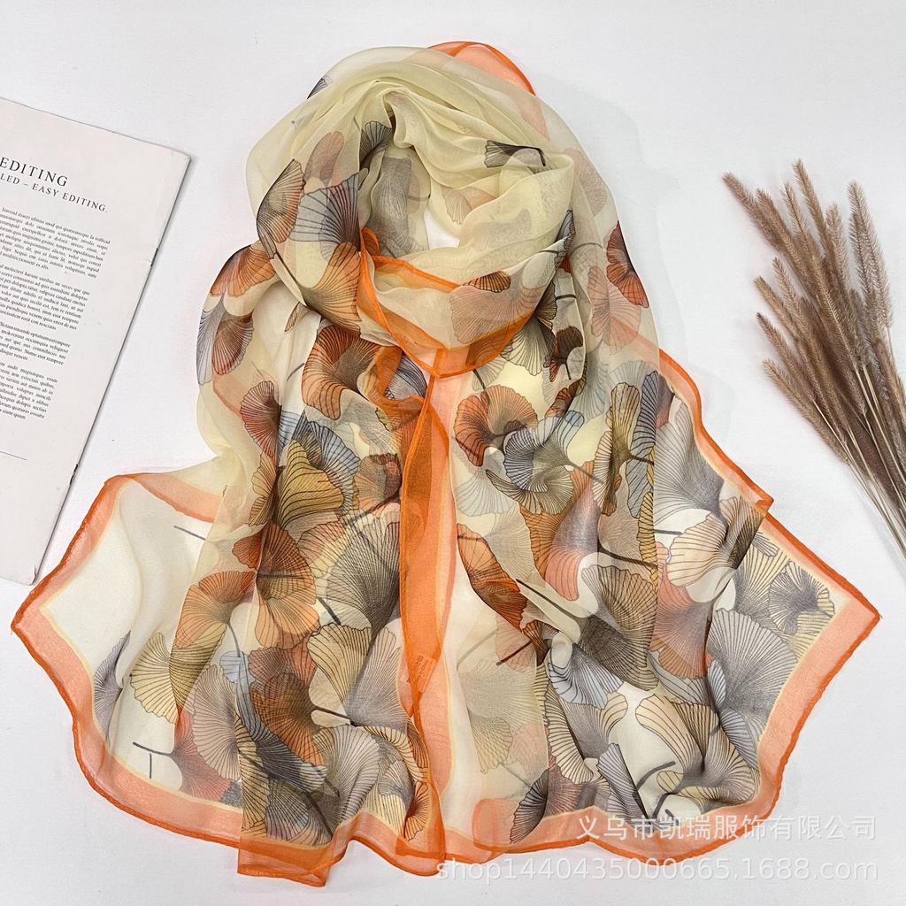 Neuer Sonnenschutz Langer Seidenschal Mohnblume Dünne Imitationsseide Frühling und Sommer Georgette Dekoration Damen Bedruckter Schal