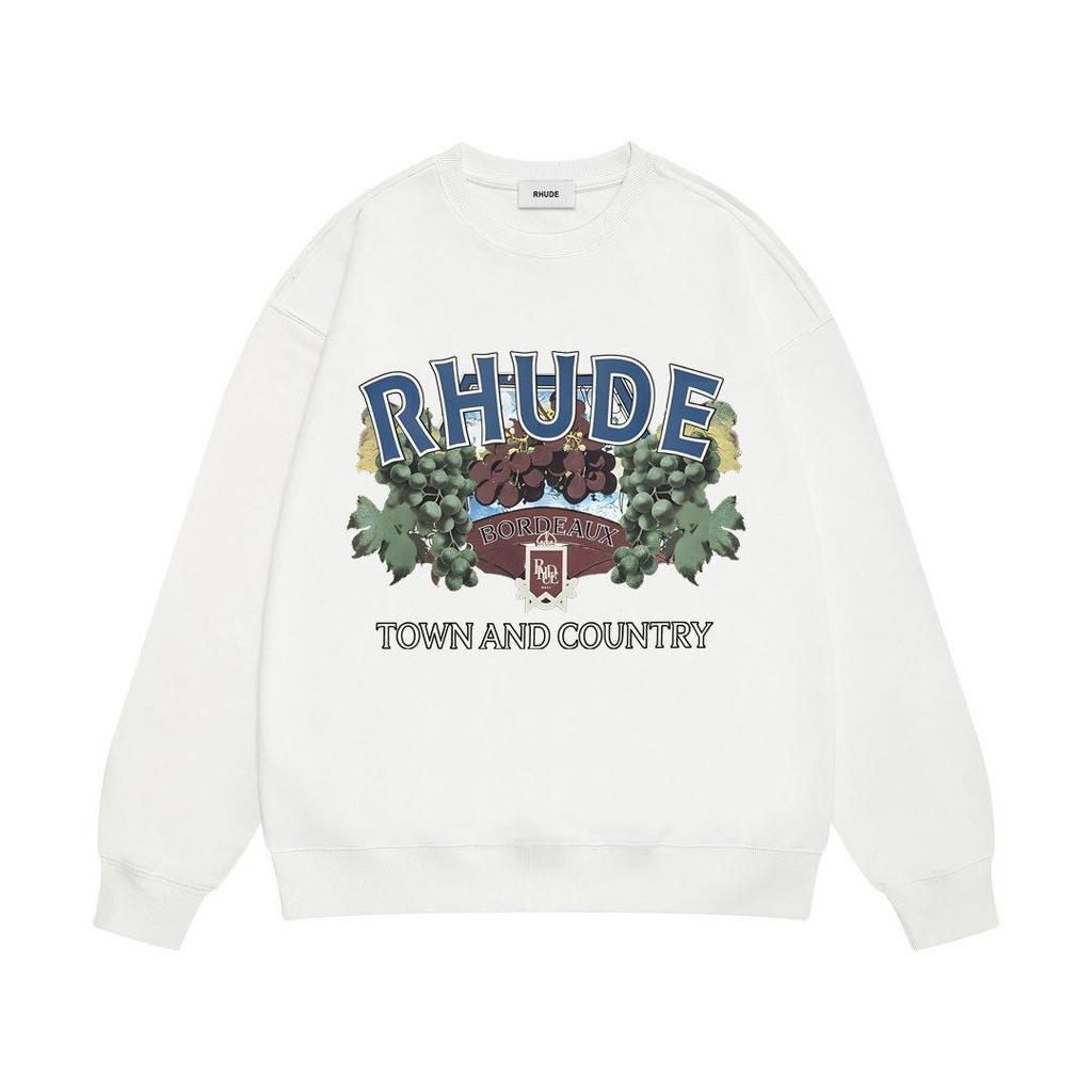 New Men's RHUDE Letter Print Loose Terry Round Neck Hoodie