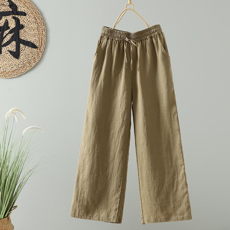 Japanese Pure Linen Women's Wide-Leg Elastic Waist Pants
