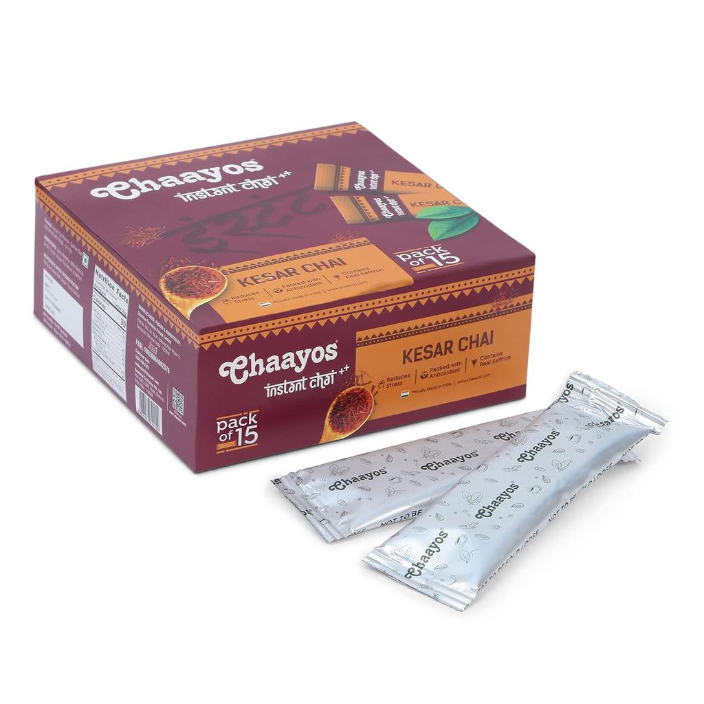 Chaayos Prémélange de thé instantané - Kesar - Sucre régulier (15 sachets ) | Safran 100% naturel | Kesar Chaï | Masala Chaï | Thé d'Assam | Desi Chaï