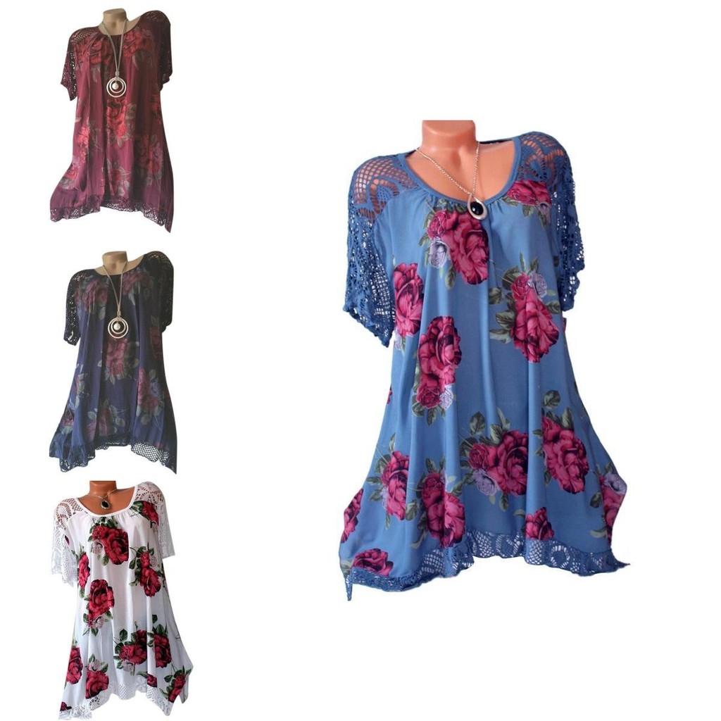 Women's Fashion Oversize Lace Patchwork Blouse With Elegant Floral Print Short Sleeve