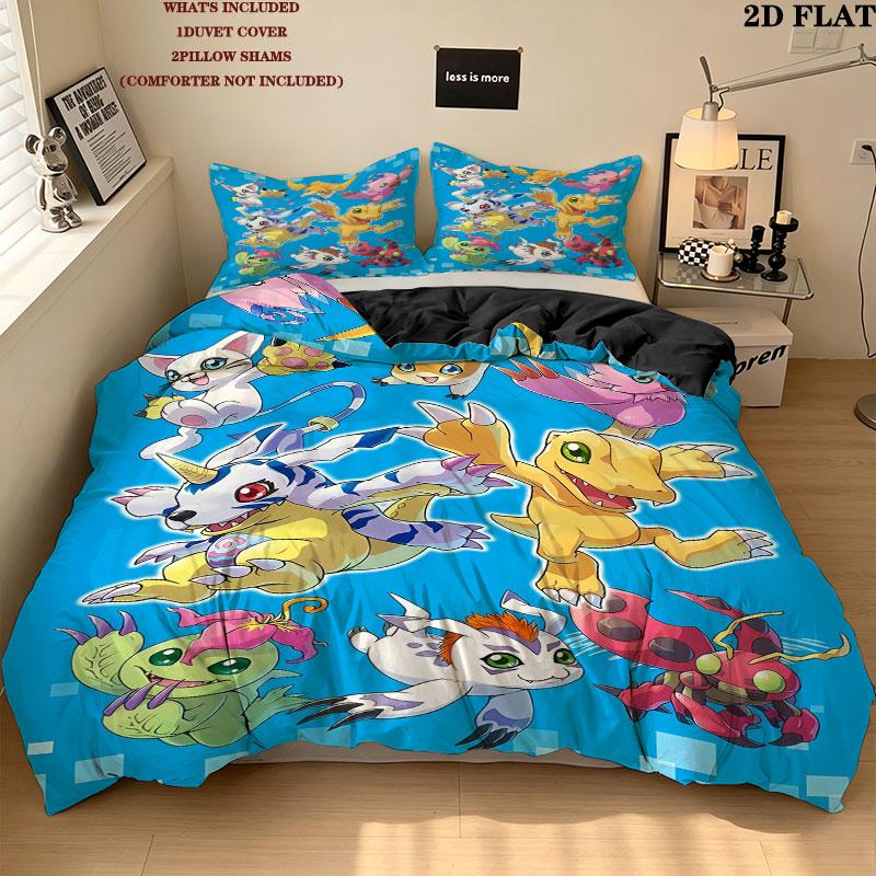 Digimon Adventure Pattern Bedding Quilt Set Quilt Cover Pillowcase Home Birthday Gift(1 * duvet cover + 2 * pillowcase, without core)