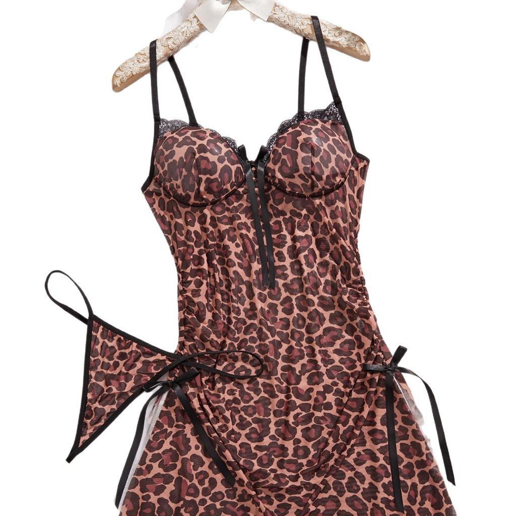 Source, New European and American Models, Comfortable and Breathable Leopard Print Lace Mesh Sexy Suspender Nightdress
